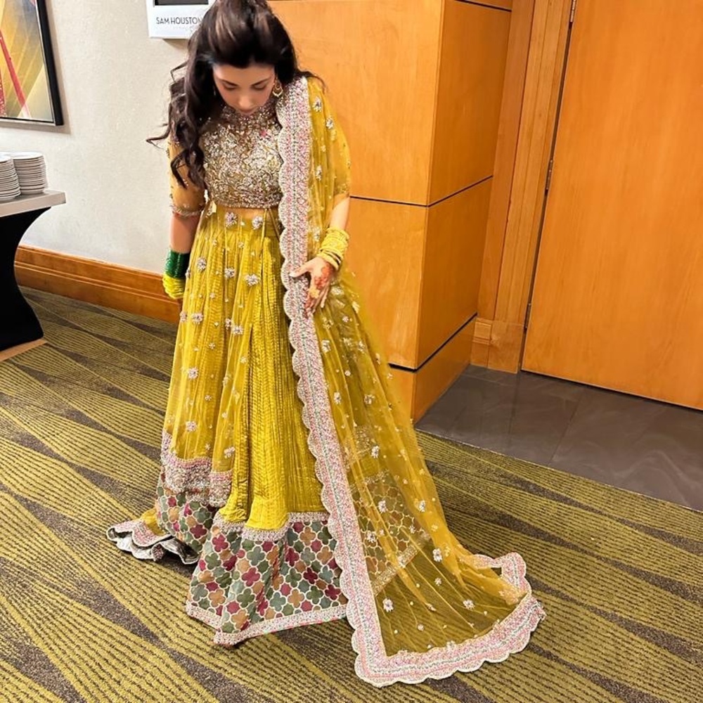 Hussain Rehar Yellow Embroidered Lehenga with Dupatta Pakistani Indian Bridal